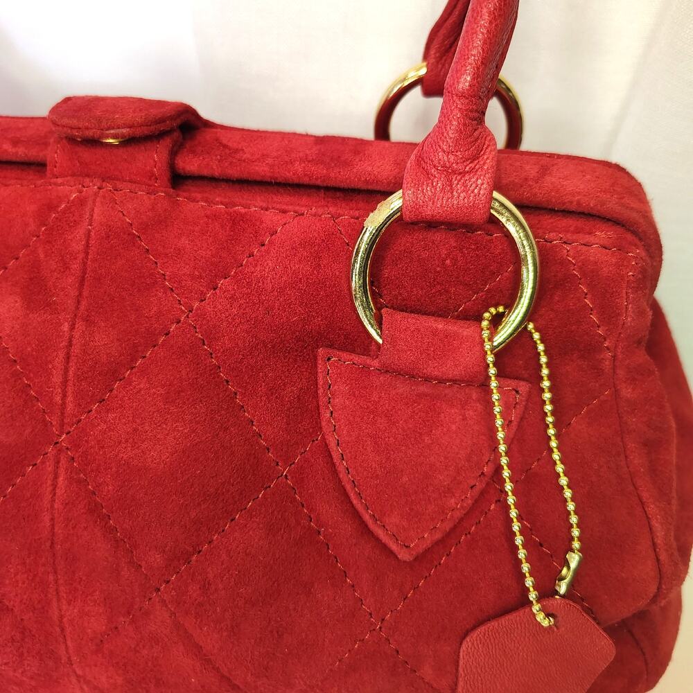 Vintage Red Quilted Suede Leather Satchel Handbag Gold Hardware Top Handle Purse - Picture 5 of 16